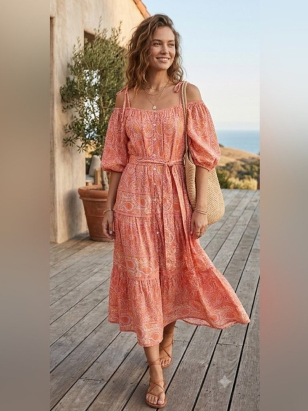 Cleobella Off-Shoulder Midi Dress Floral Coral Paisley Boho Organic Cotton XS
